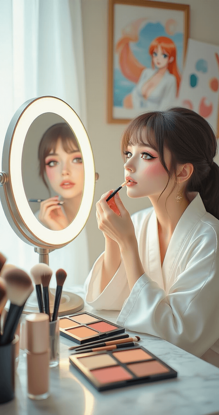 A young woman in a white silk robe applies Nami-inspired makeup at a well-lit vanity, surrounded by warm peachy eyeshadow palettes and professional brushes, as she carefully draws precise eyeliner, with One Piece character reference images in the background. The scene is illuminated by soft natural light on a marble countertop.