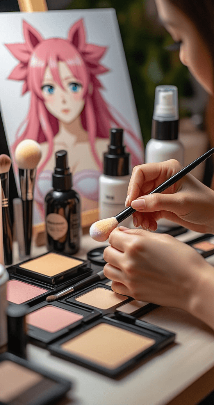 Close-up of hands applying color corrector and foundation during cosplay preparation, with makeup tools arranged neatly. Soft lighting enhances the scene, featuring a mood board of Nami character references in the background.