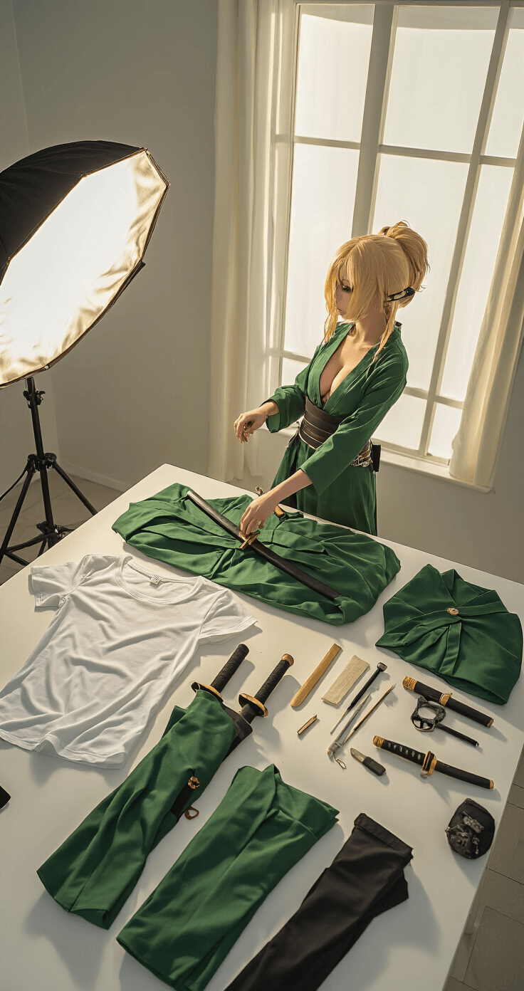How to Create the Perfect Zoro Cosplay Without Breaking the Bank A female cosplayer prepares a meticulously arranged Zoro costume in a minimalist white studio, with golden hour sunlight illuminating green fabric, a white t-shirt, black pants, and foam katana props, showcasing detailed textures and an organized creative process.
