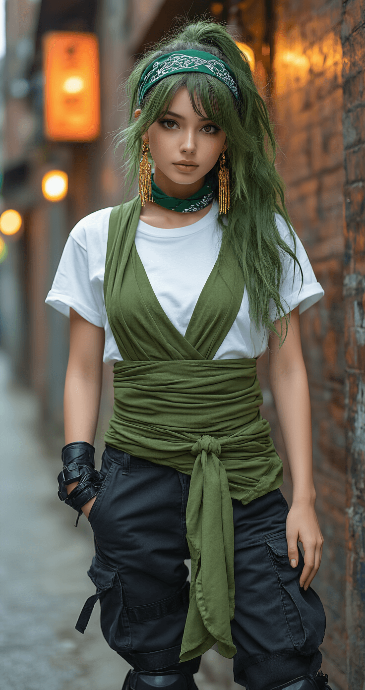 How to Create the Perfect Zoro Cosplay Without Breaking the Bank A model poses confidently in an urban street setting, wearing a moss green haramaki wrap over a white t-shirt, distressed black cargo pants, and black tactical boots. Warm amber streetlight highlights create dramatic shadows on the gritty industrial backdrop. The look is enhanced with gold dangly earrings, a dark green bandana, and a messy green wig, embodying a cosplay-inspired street fashion.