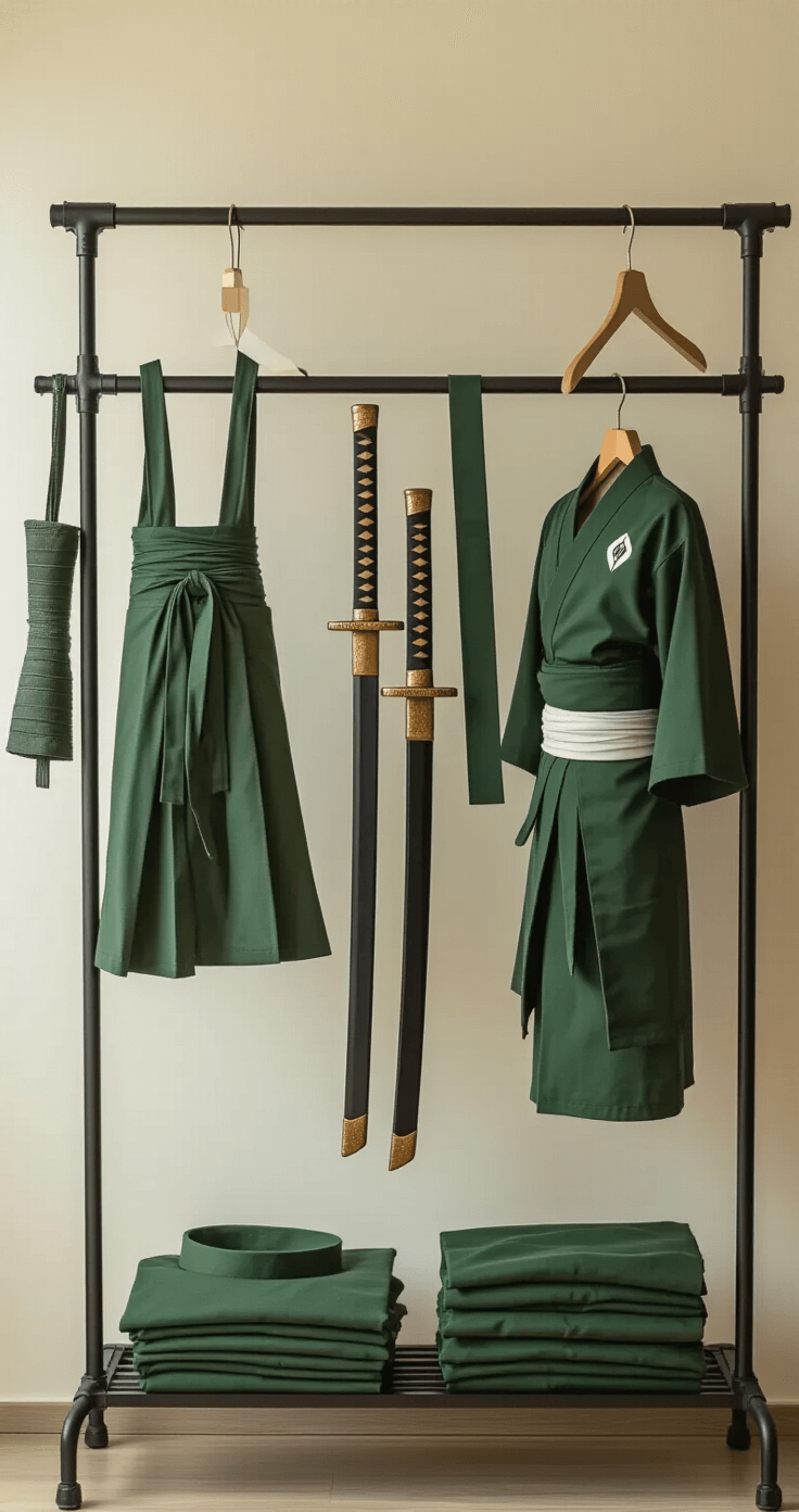 How to Create the Perfect Zoro Cosplay Without Breaking the Bank A stylish wardrobe setup featuring Zoro cosplay costume elements on a sleek clothing rack, with natural lighting highlighting foam katana props, folded green fabrics, and accessories against a soft neutral wall, showcasing a blend of DIY and professional costume components.