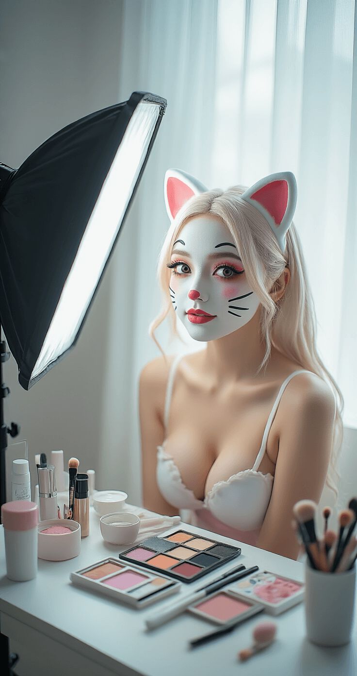 A mid-20s woman showcases intricate Hello Kitty face paint in a hyper-realistic makeup studio, surrounded by neatly organized face paint supplies on a white vanity, with soft natural light illuminating her features against a crisp white backdrop adorned with subtle kawaii elements.
