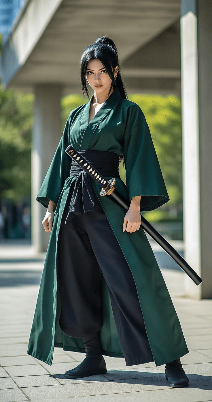 How to Create the Perfect Zoro Cosplay Without Breaking the Bank A female cosplayer dressed as Zoro stands confidently in an urban park, wearing a long dark green robe and black pants while holding foam katana props. Sunlight casts crisp shadows, accentuating her powerful posture and the costume's textures against a backdrop of concrete and greenery.