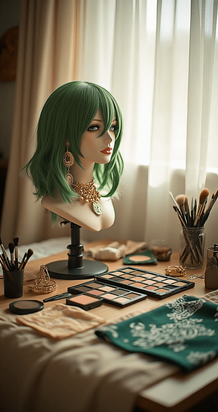 How to Create the Perfect Zoro Cosplay Without Breaking the Bank A cozy bedroom studio filled with natural light, showcasing a well-organized workspace for cosplay preparation, featuring a green wig on a mannequin, styling tools, makeup, and costume accessories like gold earrings and fabric swatches.