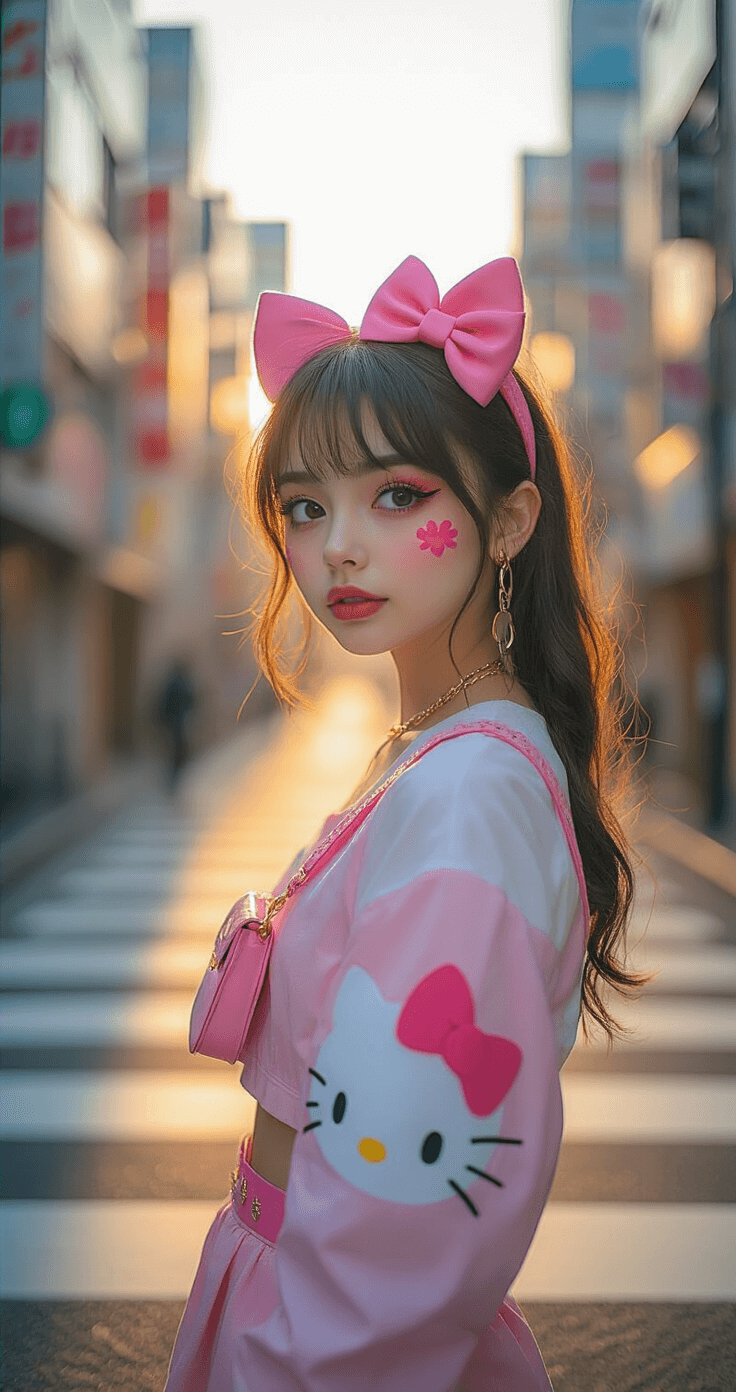 Young woman in Hello Kitty cosplay makeup stands on a Tokyo-inspired pedestrian crosswalk during golden hour, adorned with cute pink accessories that match her makeup, captured in a sharp street-level perspective with modern architecture softly blurred in the background.