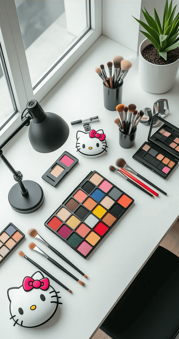 Minimalist home studio setup featuring a Hello Kitty cosplay makeup tutorial in progress, with professional face paint supplies and brushes arranged geometrically on clean white surfaces, illuminated by soft diffused lighting from large windows in an editorial fashion photography style.