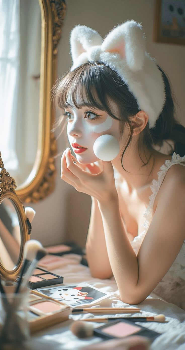 A young cosplayer intently applies Hello Kitty white face paint using a professional makeup sponge, surrounded by delicate brushes and reference images on a workspace, while a vintage mirror reflects the soft morning light in an intimate documentary-style scene.