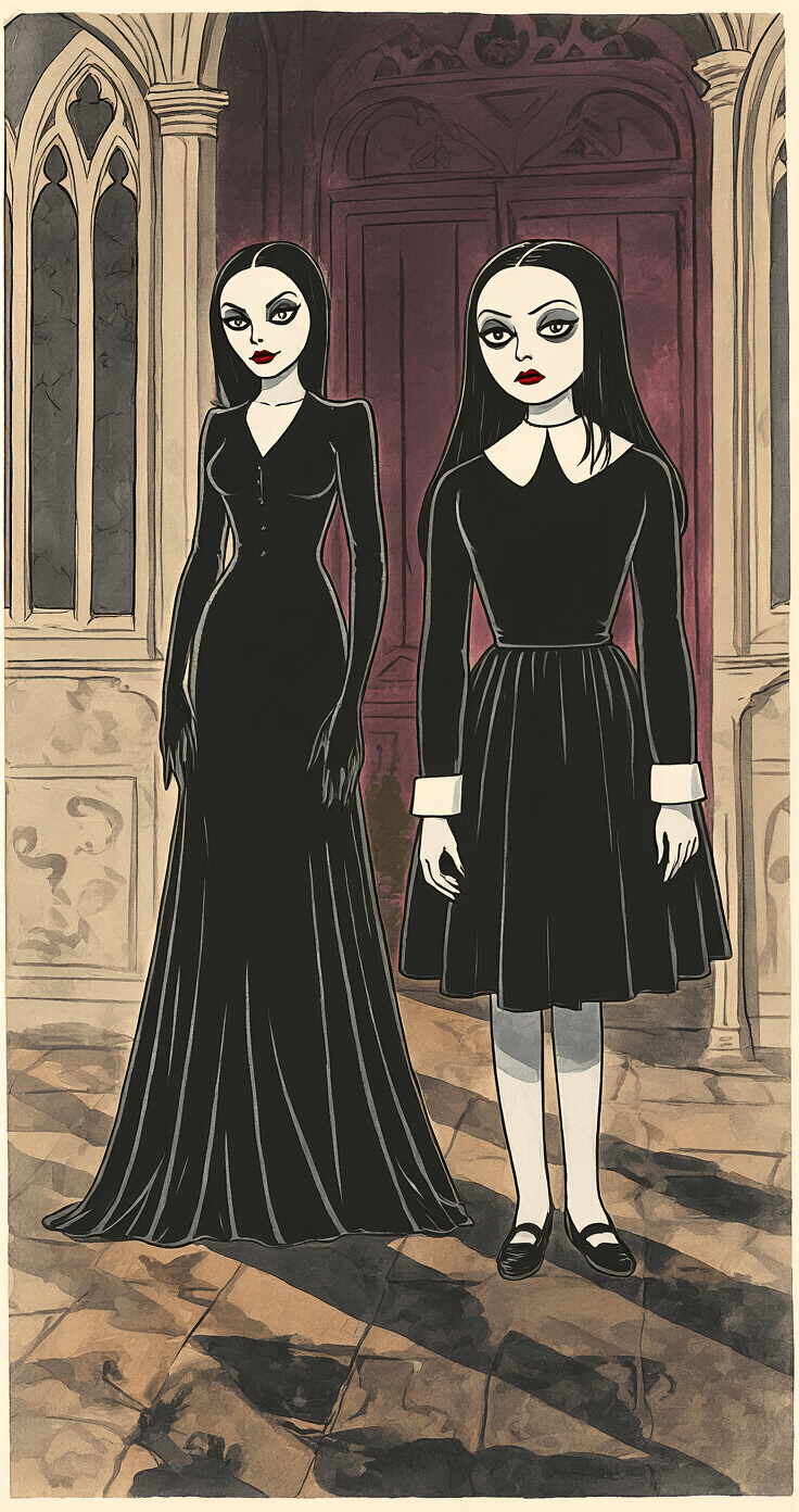 Two friends dressed as Morticia and Wednesday Addams stand in a dark, gothic interior, showcasing their dramatic makeup and deadpan expressions. The setting features rich, shadowy lighting and a deep jewel tone color palette, enhancing the eerie elegance of the Halloween scene.