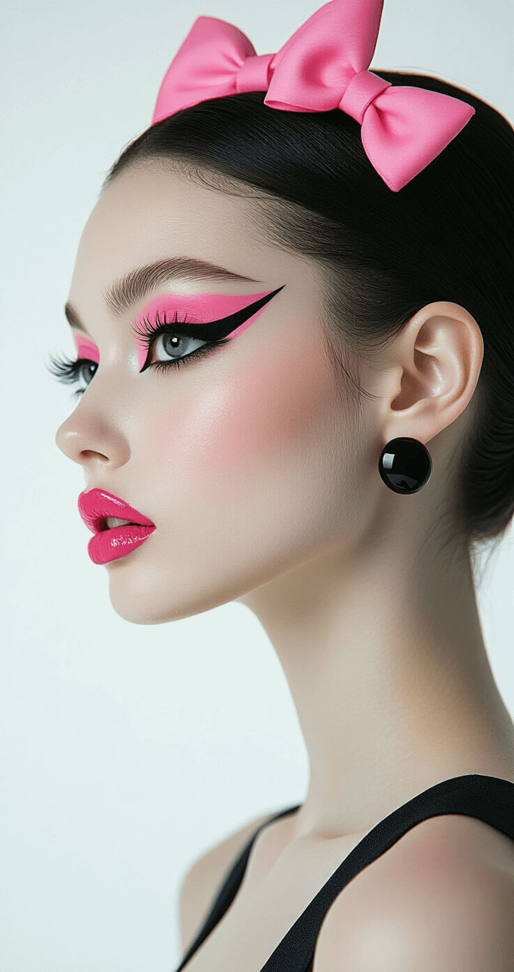 High-fashion editorial featuring a model styled with Hello Kitty-inspired makeup, set against a stark white backdrop with dramatic side lighting highlighting precise black outlines and pink bow details, complemented by minimalist fashion elements.