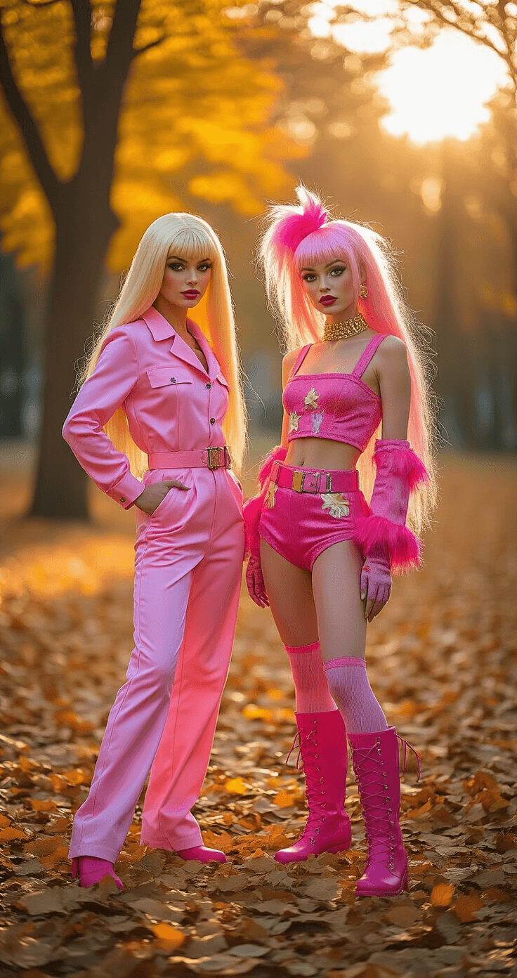 Two friends in an urban park during golden hour: one dressed as a polished Barbie in a vibrant pink outfit with sleek styling, the other as a chaotic Weird Barbie with mismatched clothing. Colorful fallen leaves add texture to the scene, enhancing the playful autumn atmosphere.