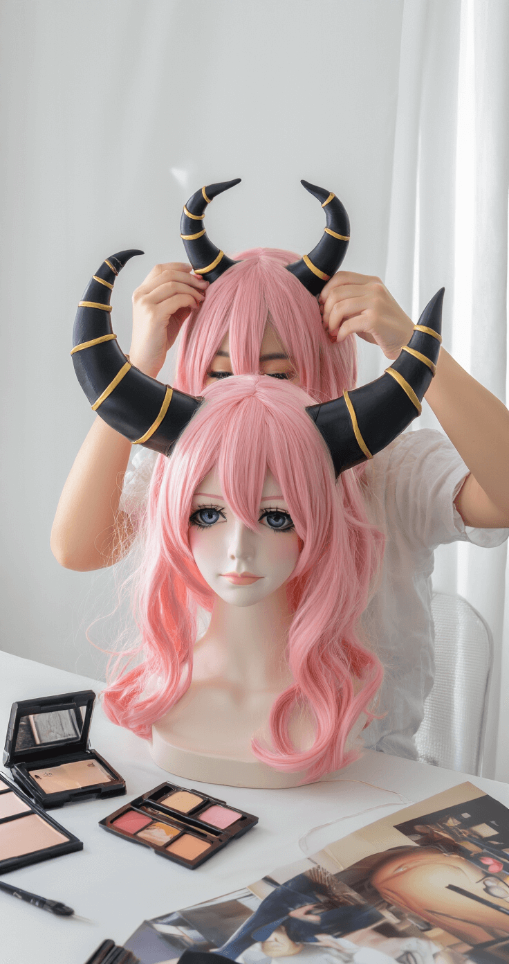 A young female cosplayer arranges black and gold horn accessories on a pink wig in a minimalist studio with a clean white backdrop, illuminated by natural window light. Makeup tools and reference images are subtly arranged around her, capturing the preparatory moments before she embodies her character.
