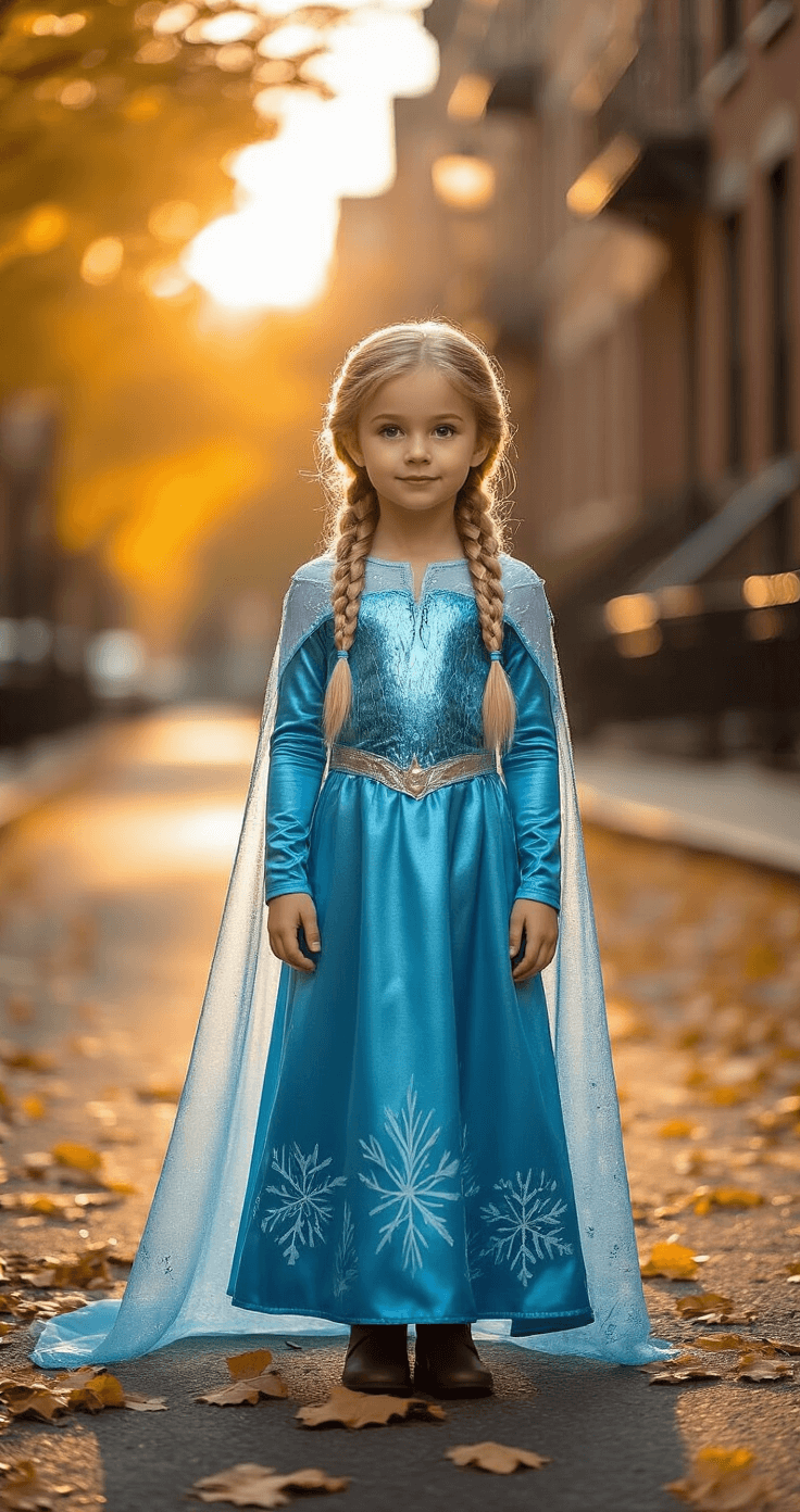 A young girl in a shimmering blue Elsa costume stands confidently on an autumn street, bathed in warm late afternoon sunlight, with intricate snowflake detailing and a flowing cape, against a backdrop of fallen leaves and brownstone buildings.