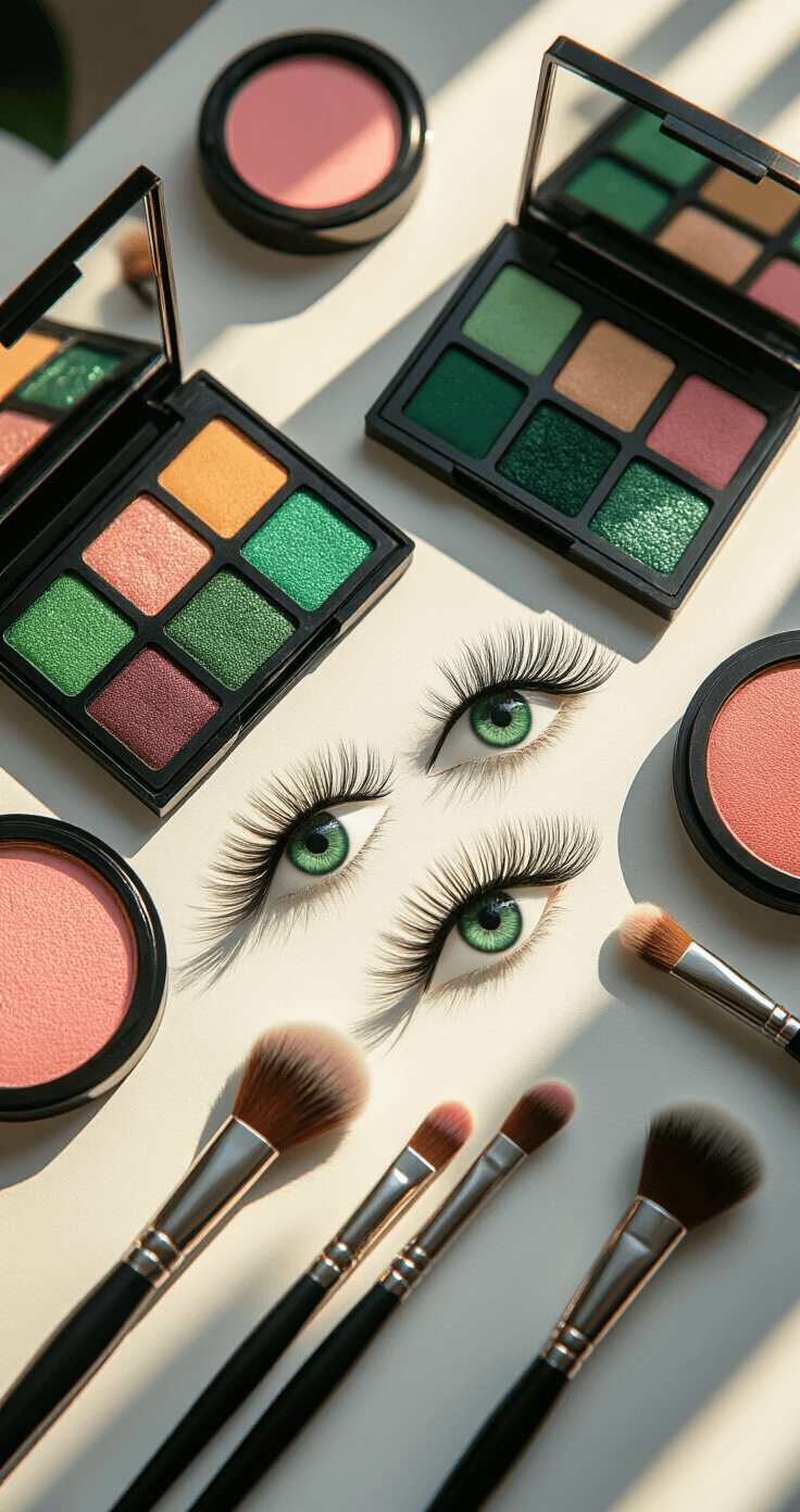 Dramatic overhead view of a well-organized cosplay makeup layout featuring green eyeshadow palettes, false eyelashes, soft pink blush, and precision makeup brushes on a white surface, illuminated by golden hour sunlight casting soft shadows.