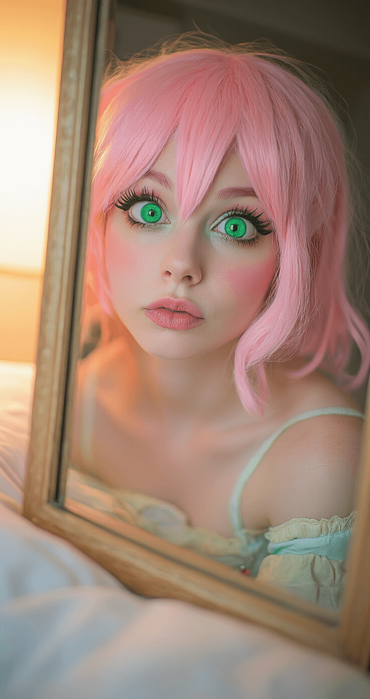 A cosplayer practicing Anya Forger's expressions in a softly lit bedroom mirror, wearing emerald green contacts and a pastel pink wig, showcasing playful and mischievous character moments.