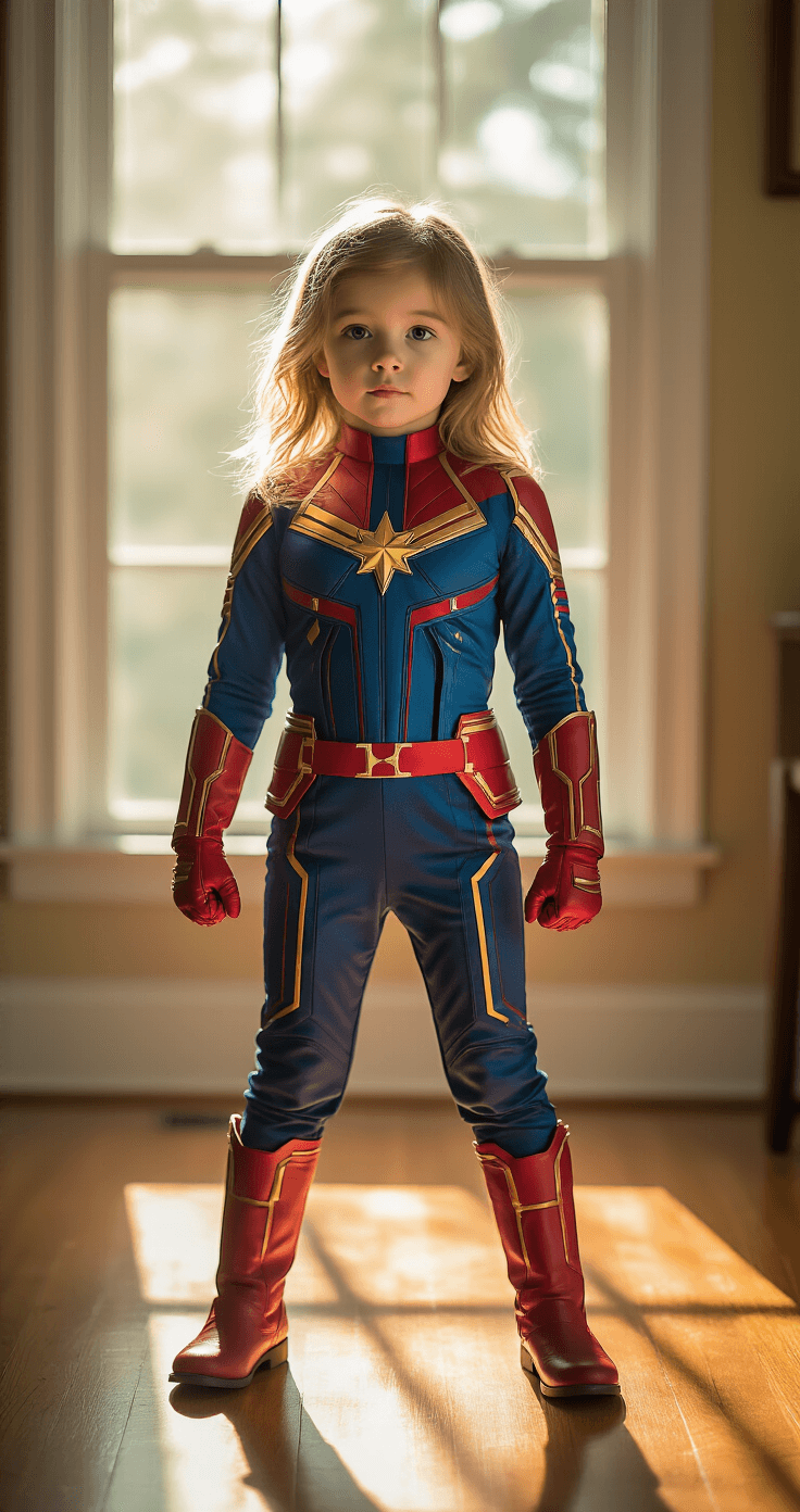 A young girl in a vibrant Captain Marvel costume stands heroically in a sunlit living room, showcasing her playful imagination against a warm, softly lit hardwood floor background.