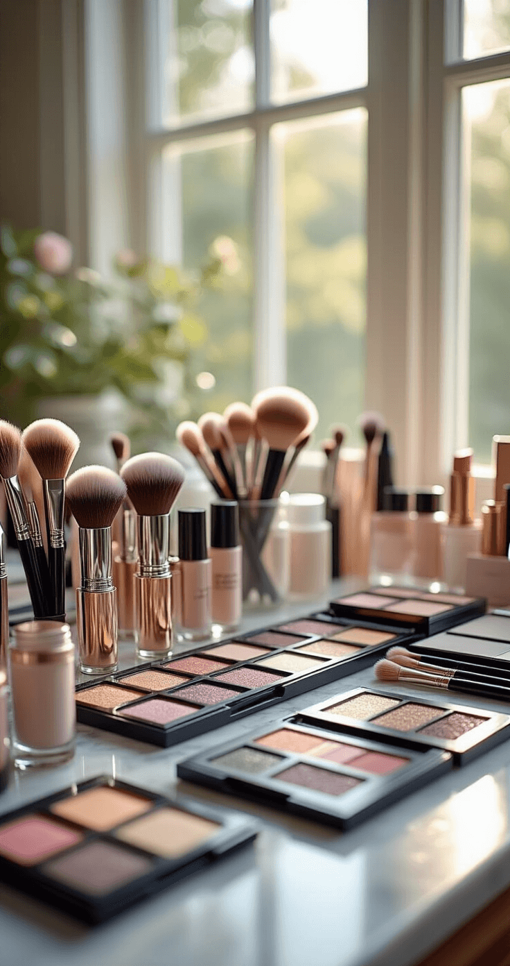 Ultra-realistic image of a professional makeup artist's workstation featuring perfectly arranged brushes, vibrant eyeshadow palettes, and high-end cosmetics on a marble surface, bathed in soft natural light with a shallow depth of field.