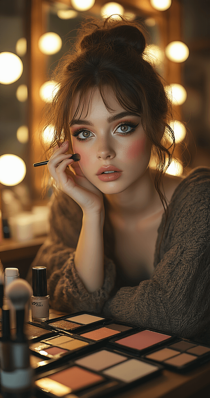 A young woman in a dramatic cosplay transformation scene applies makeup at her vanity, surrounded by character references. Warm golden hour lighting highlights her detailed contouring, while her reflection shows a gradual metamorphosis into the character. The scene includes scattered makeup brushes and products, showcasing hyper-detailed skin texture and precise makeup application.