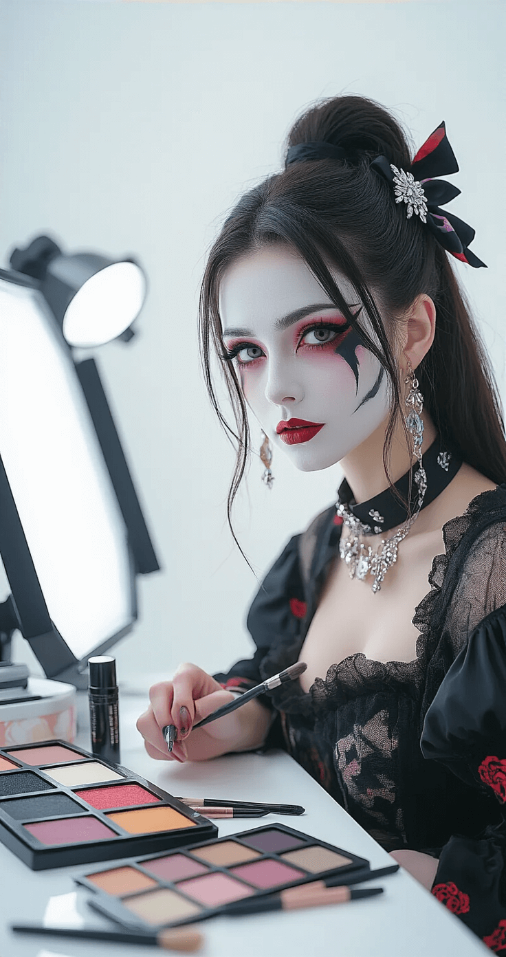 Dramatic anime character makeup tutorial in a pristine white studio, featuring multiple makeup stations, a model with half-completed character makeup, specialized cosplay products, and bright lighting showcasing intricate techniques in high-resolution detail.