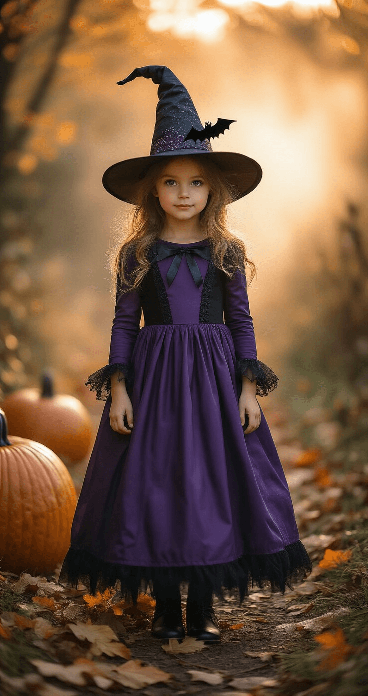 Young girl in a purple and black witch costume stands in a misty autumn garden, surrounded by pumpkins and fallen leaves, with soft, ethereal lighting creating a dreamy atmosphere.