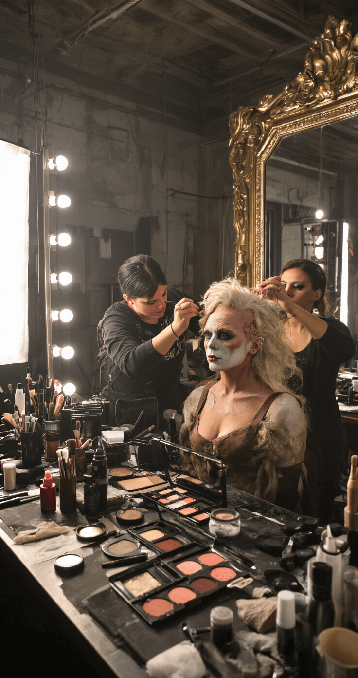 An intimate backstage scene in an industrial loft-style dressing room, featuring a makeup artist applying prosthetic details to a model's face in front of large vintage mirrors, illuminated by soft ambient lighting that casts dramatic shadows, surrounded by an array of specialized theatrical makeup products with a muted color palette and metallic accents.