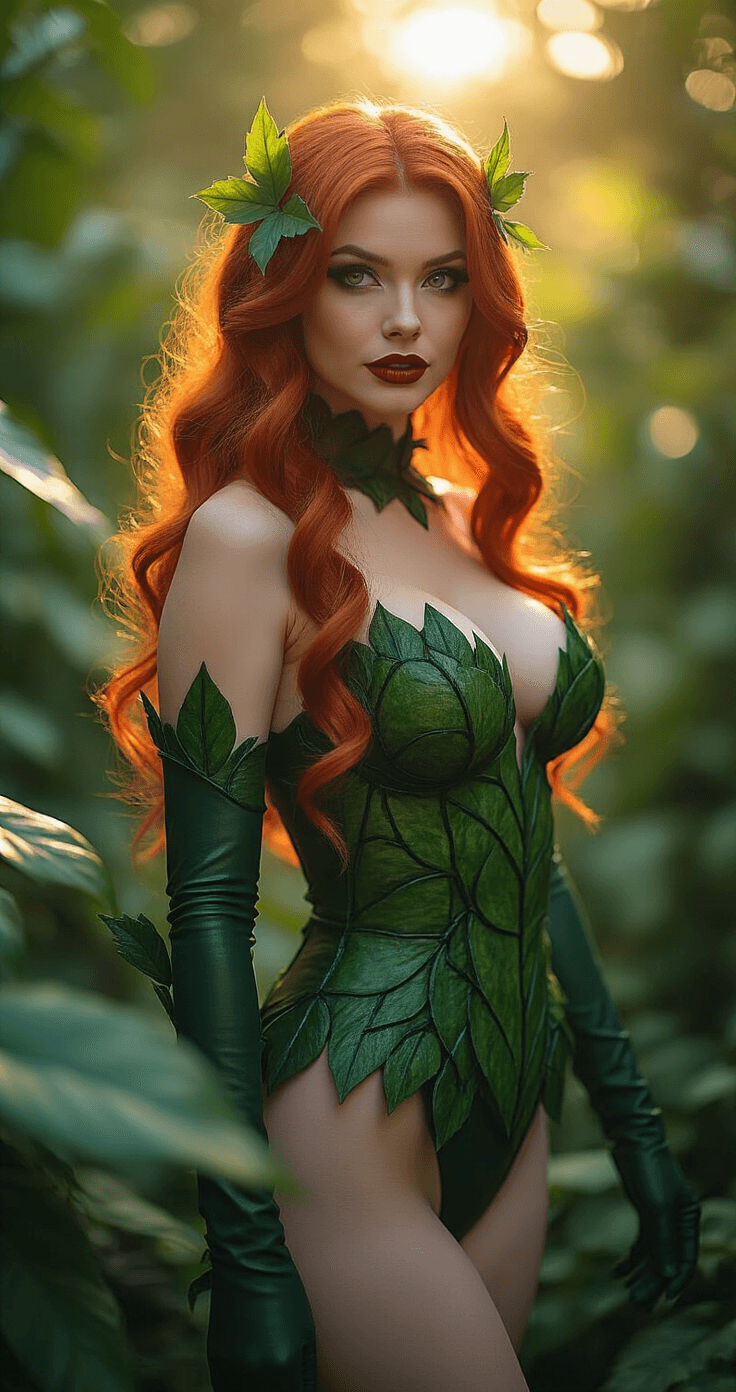 A striking redheaded model dressed as Poison Ivy poses confidently in a lush botanical garden, wearing an intricate green leaf-like costume. The soft golden hour light highlights her dramatic makeup and vibrant hair, surrounded by emerald foliage.