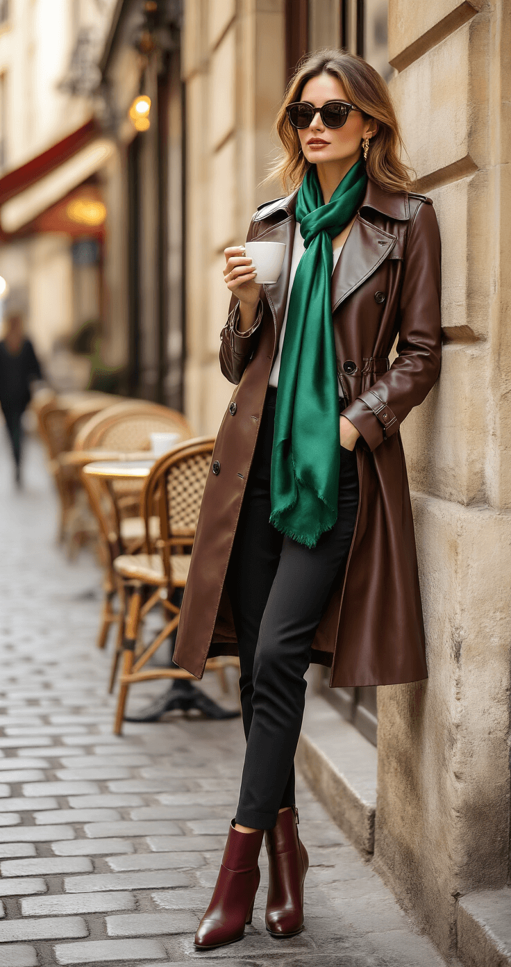 How to Write a Women's Fashion Article Elegant woman in a vintage chocolate brown leather trench coat and silk emerald green scarf, wearing slim black cigarette pants and burgundy leather ankle boots, leans against a weathered stone building on a cobblestone street, holding an espresso and adjusting designer sunglasses in the golden light of late afternoon, with wrought iron café chairs in the background.
