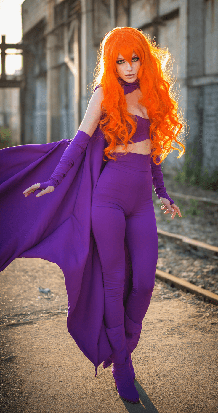 A Starfire cosplayer with vibrant orange-red hair poses in a striking purple costume against an industrial urban backdrop, illuminated by dramatic late afternoon sunlight that enhances her alien princess aesthetic and captures the essence of her character.