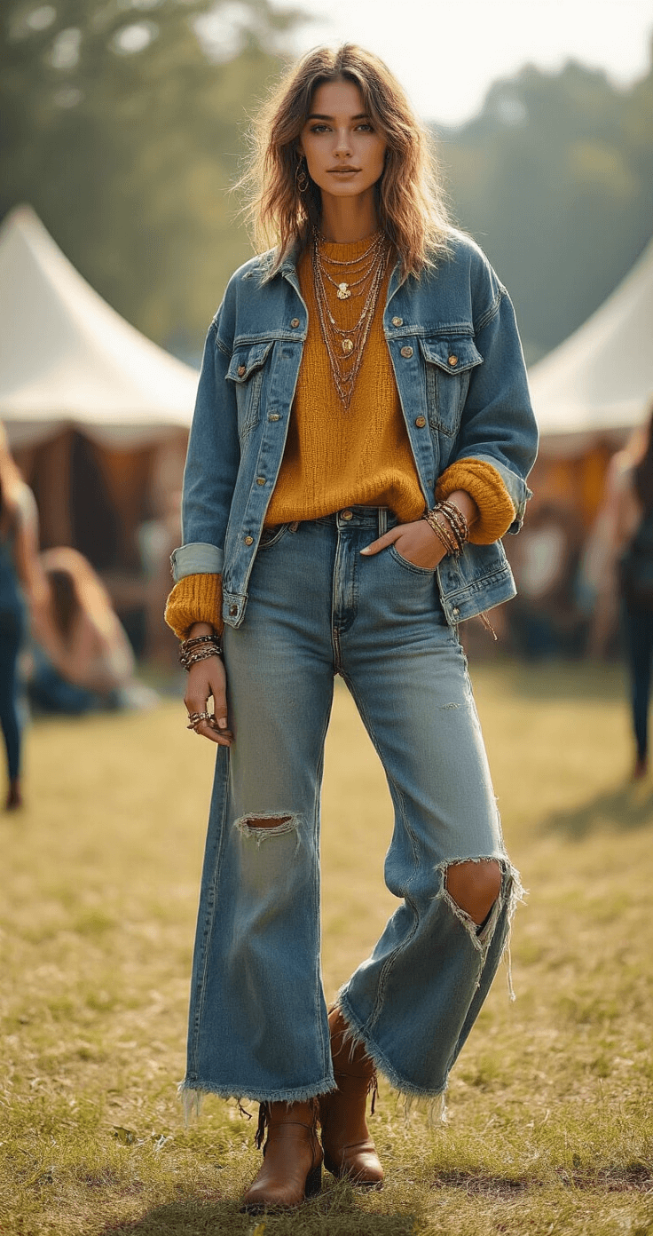 How to Write a Women's Fashion Article A young person in a bohemian outdoor festival setting wears a layered vintage denim jacket, an oversized mustard yellow knit sweater, and distressed wide-leg jeans. They are styled with handcrafted leather ankle boots and multiple delicate gold layered necklaces. The soft natural sunlight illuminates the grassy background featuring soft-focus tent structures, while their tousled windswept hair and candid movement evoke a dynamic lifestyle within a warm earth-tone color palette.