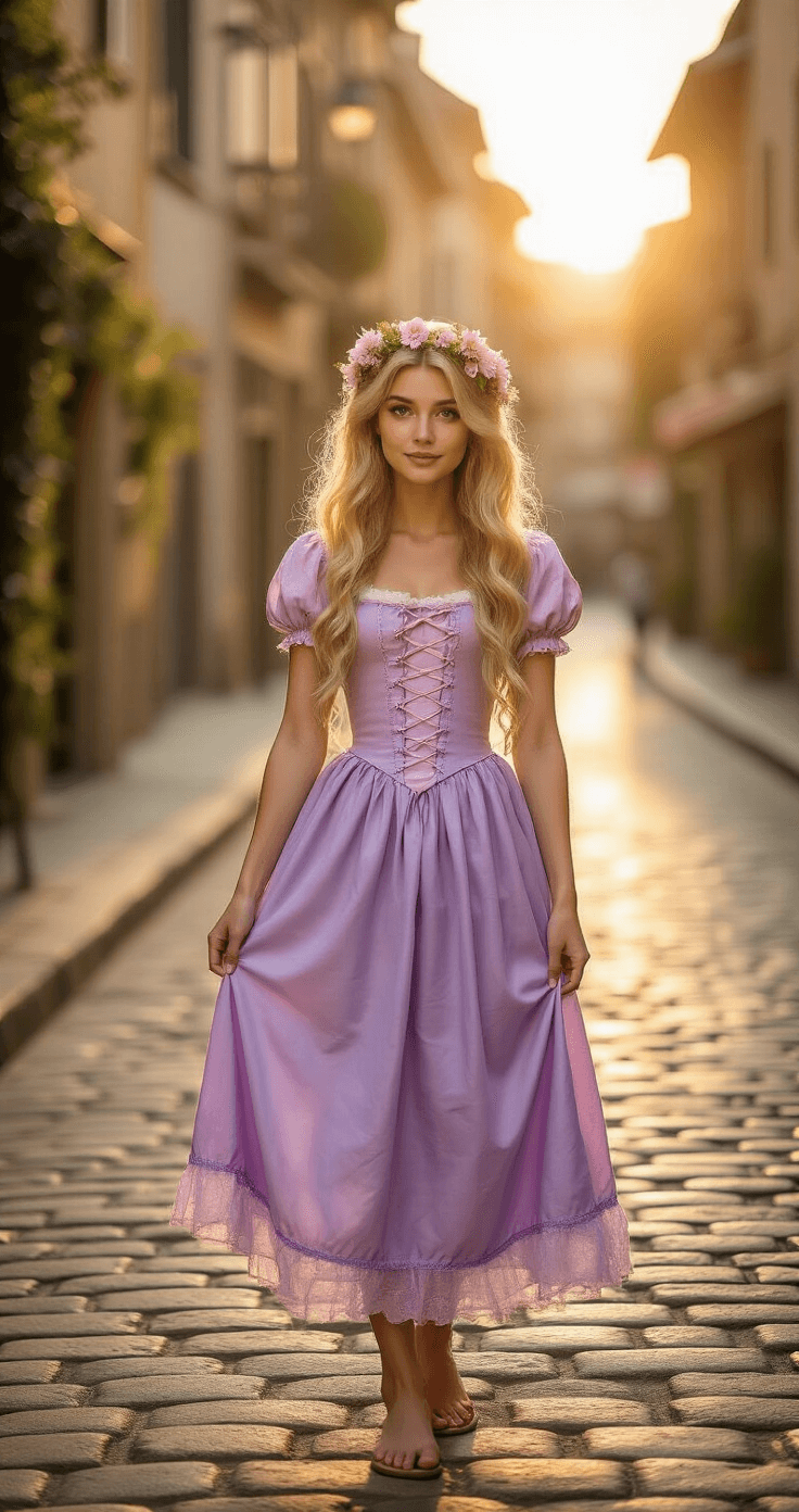 A young woman in a lavender Disney-inspired Rapunzel dress stands confidently on a cobblestone street corner during golden hour, wearing a shoulder-length wavy blonde wig adorned with flower clips, barefoot sandals, and a playful flower crown, embodying a whimsical fairy tale mood with warm sunlight casting soft shadows.