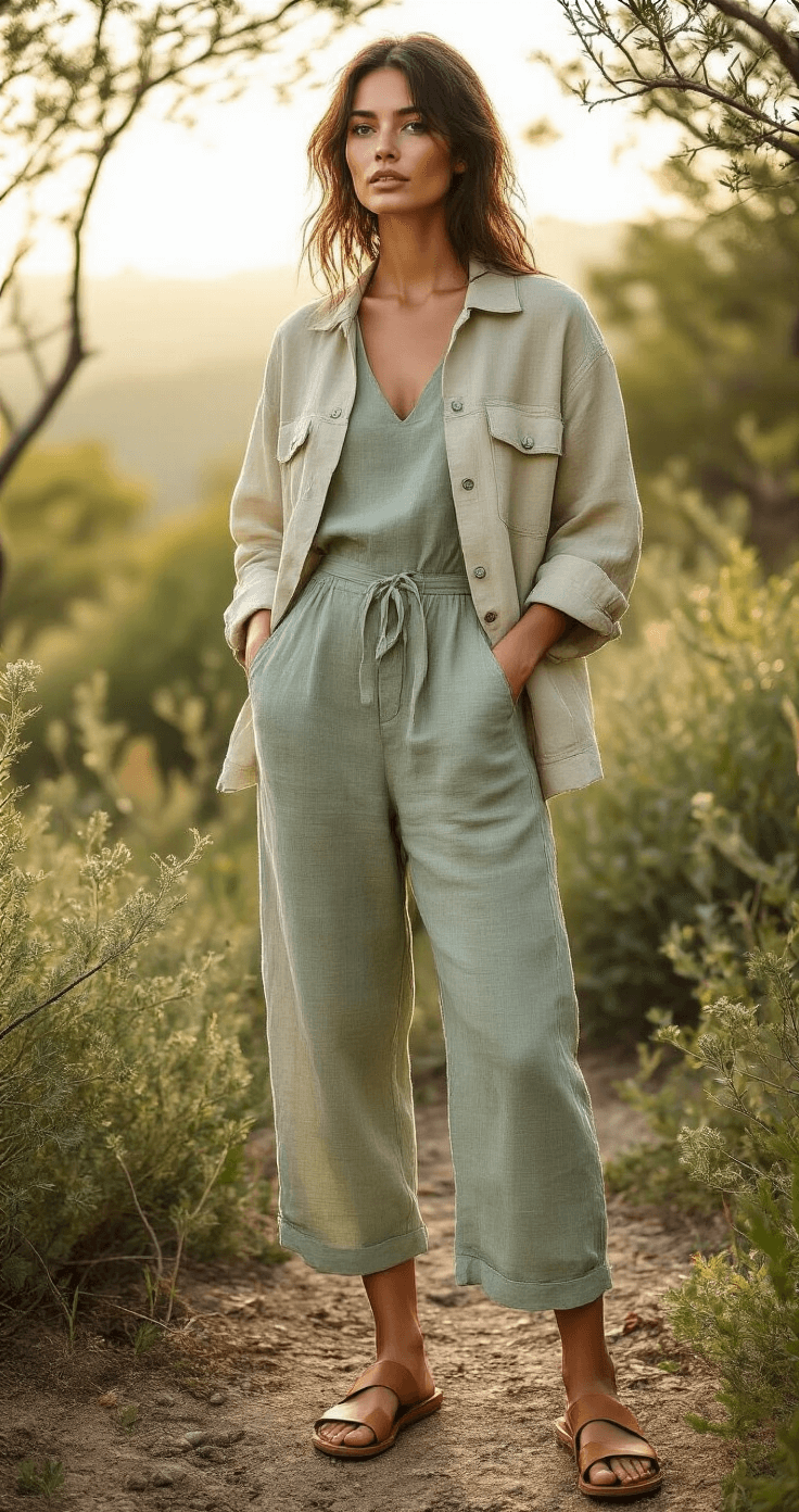How to Write a Women's Fashion Article Model in a soft sage green eco-friendly linen jumpsuit and a handmade recycled cotton canvas jacket, wearing vegetable-tanned leather sandals, stands in a natural outdoor setting with native plants, bathed in soft morning light.