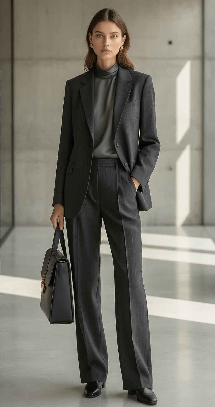 How to Write a Women's Fashion Article A young professional in a charcoal grey tailored blazer and wide-leg trousers, paired with a silk mock-neck top, stands in a sleek modern office with concrete and glass elements. Indirect natural light casts soft shadows, highlighting minimal gold jewelry and a structured leather messenger bag. The styling reflects a progressive professional identity through sophisticated color blocking.