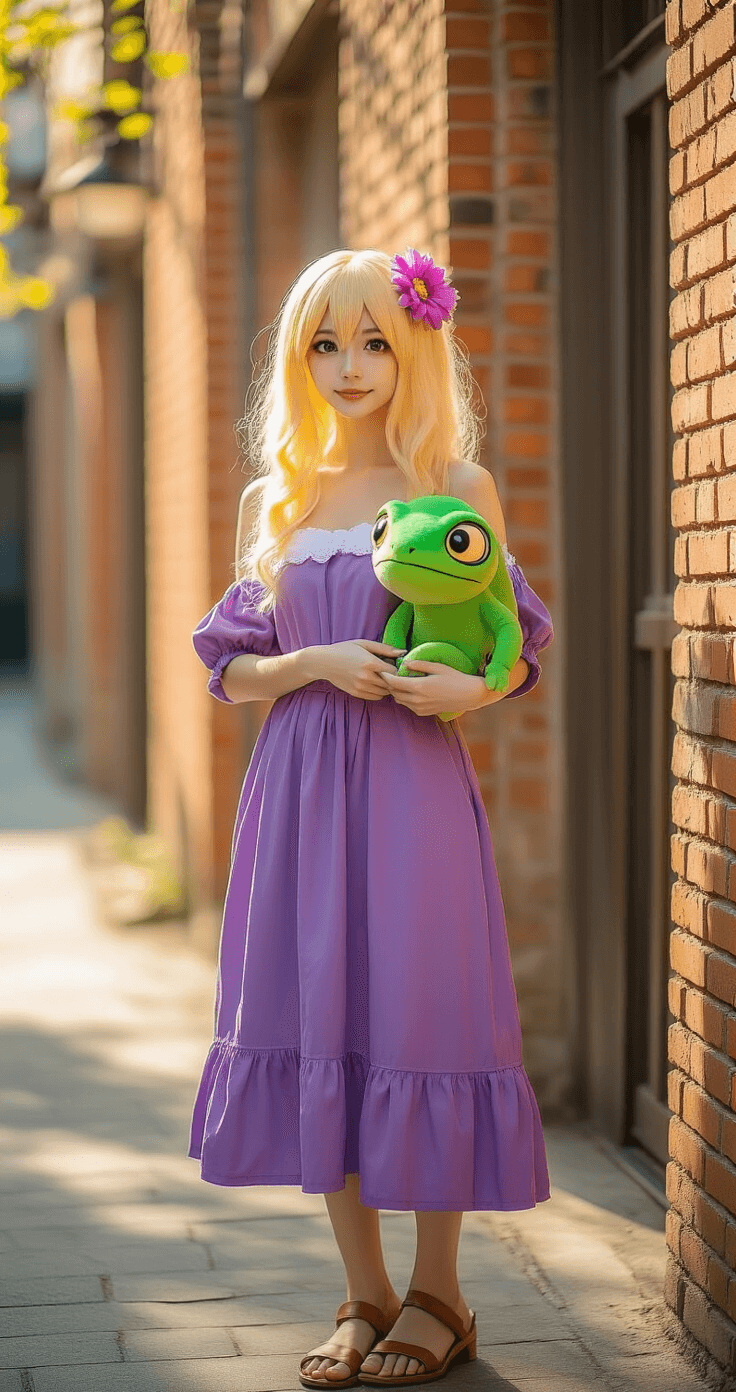 A cosplay model with a shoulder-length blonde wig and purple dress holds a plush Pascal chameleon, standing against vintage brick walls in warm afternoon sunlight, adorned with flower hair accessories and simple leather sandals.