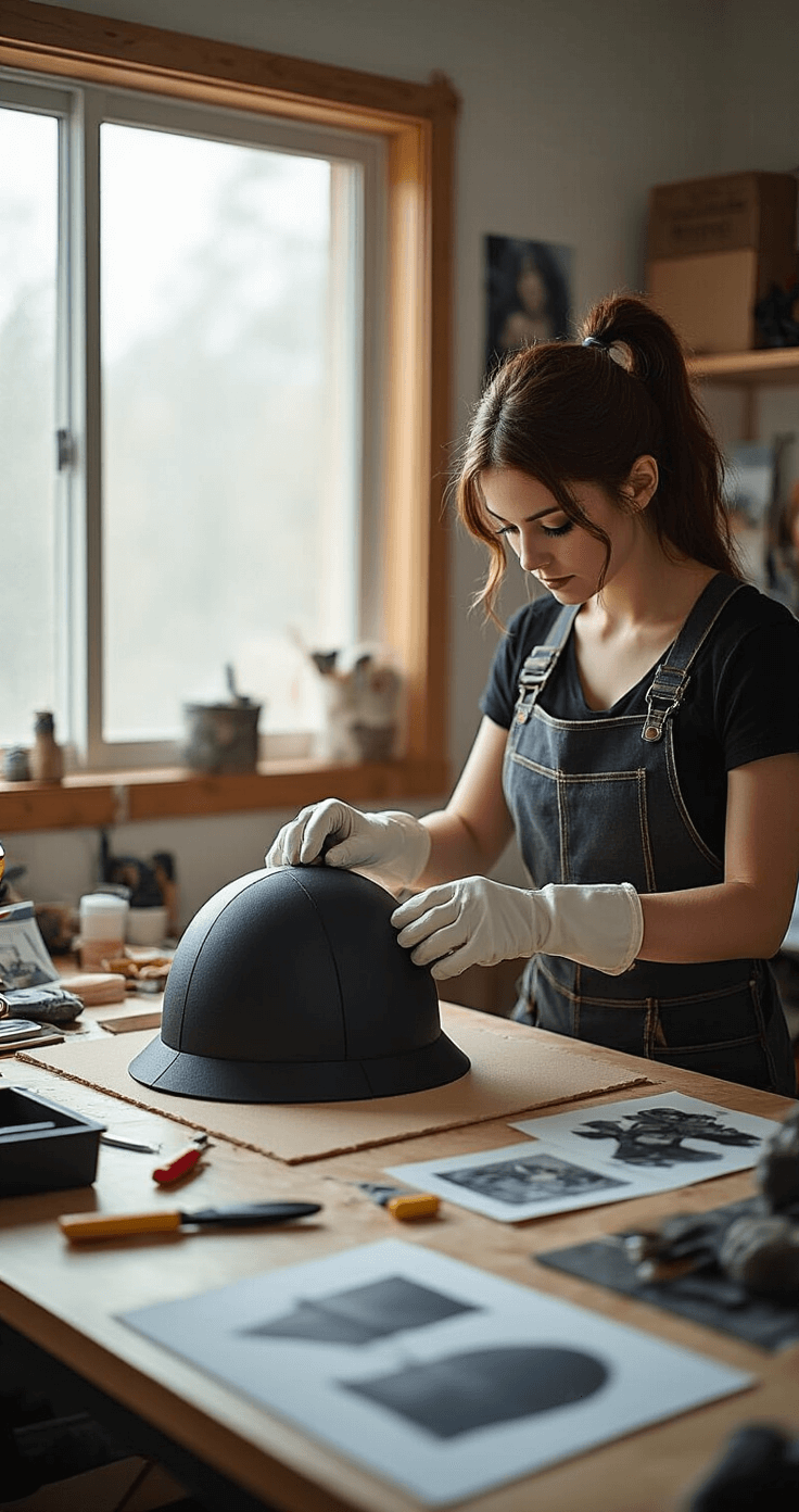 A female cosplayer in protective gloves heat-seals EVA foam edges for a Pyramid Head helmet in a well-lit workshop, surrounded by craft supplies, reference images, and costume pieces on a large crafting table.