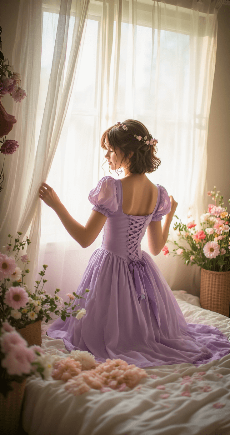 A young woman with short brown hair styles a Rapunzel-inspired soft purple dress in a cozy bedroom filled with craft flowers and cosplay accessories, as soft morning light filters through sheer curtains.