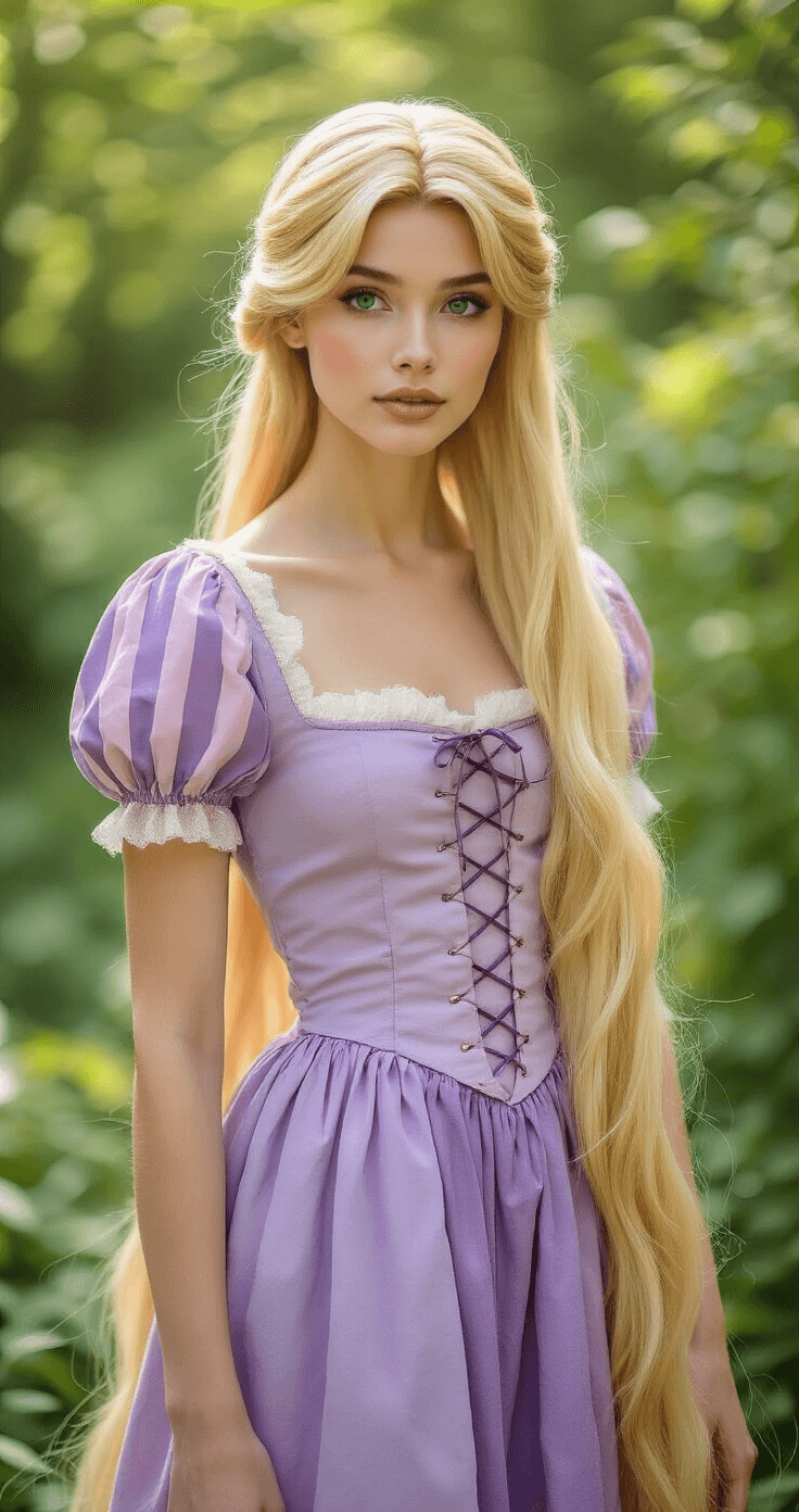 A model in a lavender modern-inspired Rapunzel costume with a short blonde wig poses in a lush garden, blending fairy tale elements with contemporary fashion.