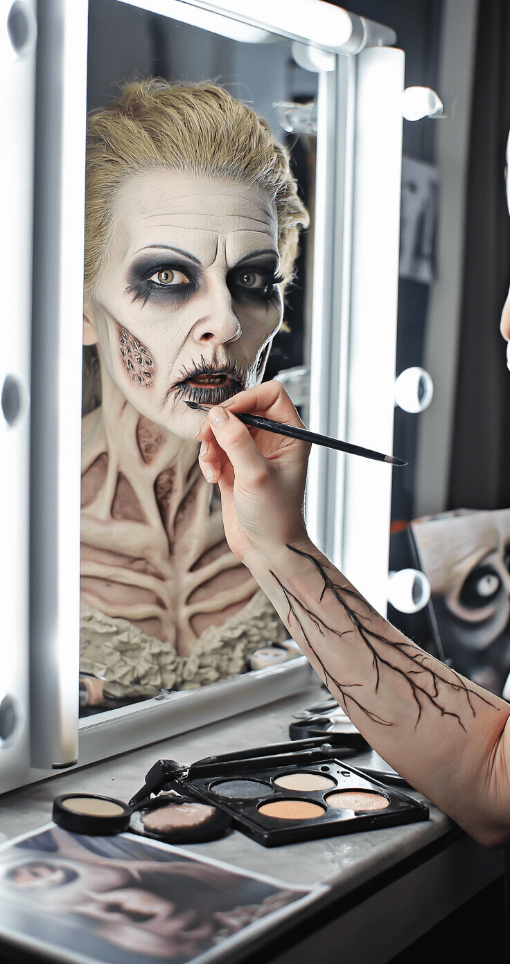 A female cosplayer prepares for transformation with special effects makeup, applying cream bases and intricate vein detailing at a well-lit vanity, surrounded by costume pieces and reference images.