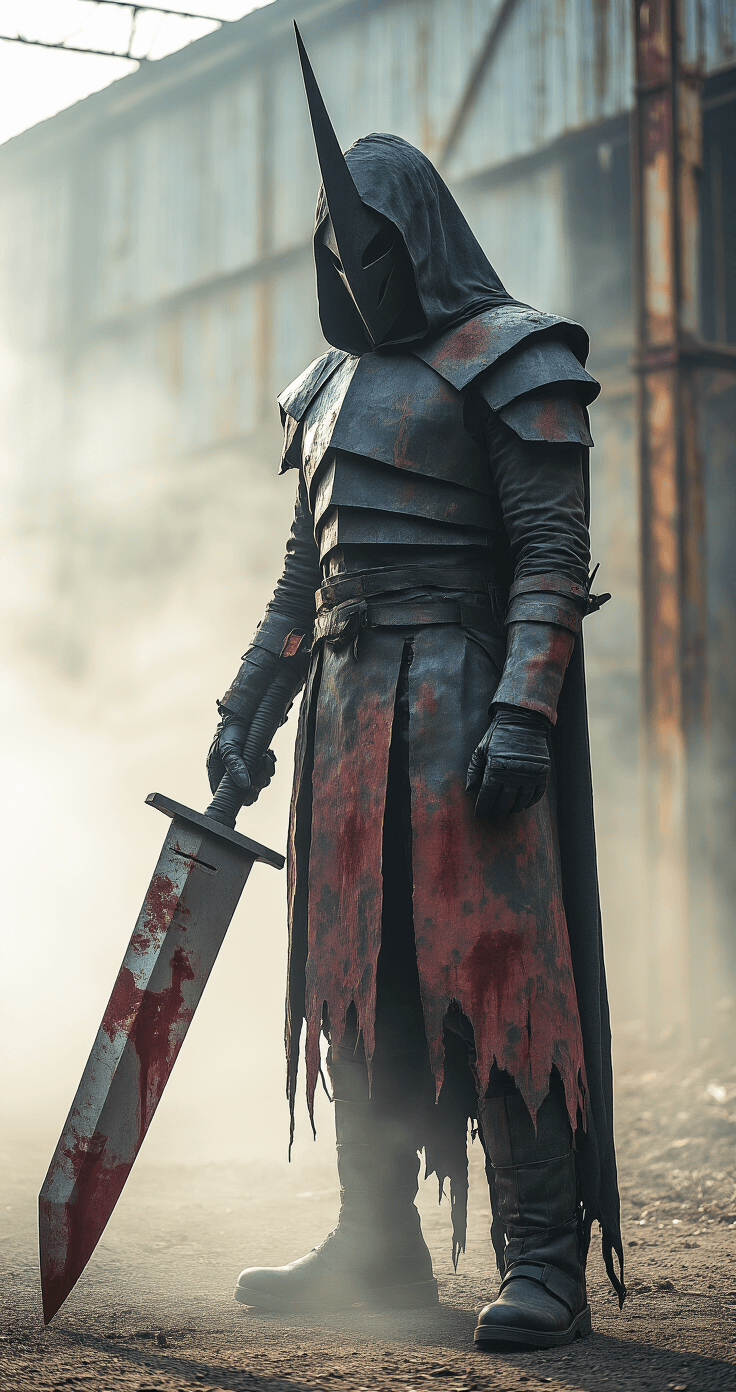 A cosplayer dressed as Pyramid Head stands in a misty, abandoned industrial area, showcasing a weathered costume with intricate texture details. They wield a massive knife prop, surrounded by rusted metal structures under soft morning light, creating an ethereal horror atmosphere with a rust and blood-inspired color palette.