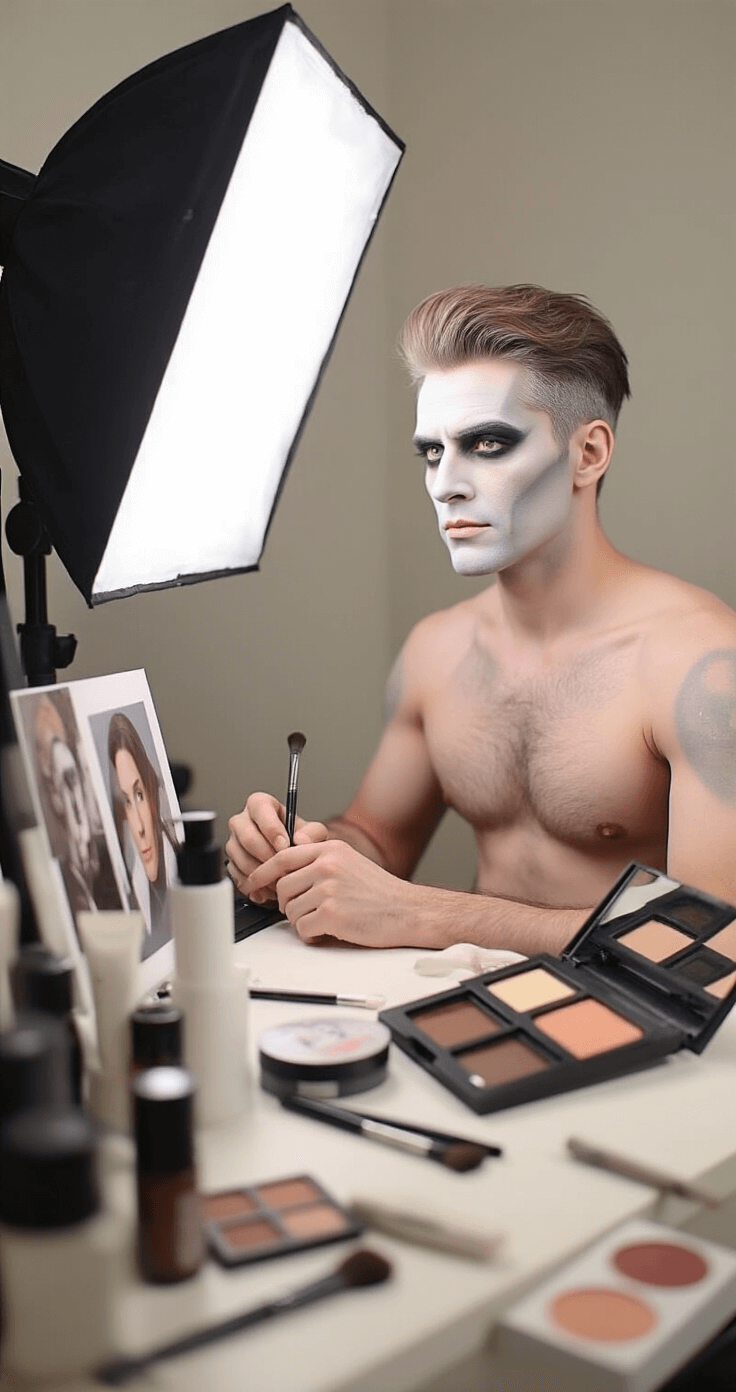 A close-up of a male cosplayer at a vanity, applying contour makeup under soft natural lighting, with makeup brushes and reference images surrounding him, showcasing sharp details of skin texture and the transformation process.