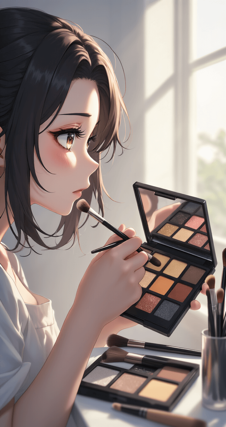 A cosplayer mid-transformation showcasing dramatic anime character makeup, with intricate eyebrow shaping, a cool-toned brown eyeshadow palette, and meticulously arranged makeup brushes against a minimalist white backdrop. Golden hour lighting enhances the delicate process of crafting larger, expressive anime-style eyes with subtle glitter and precise eyeliner techniques.