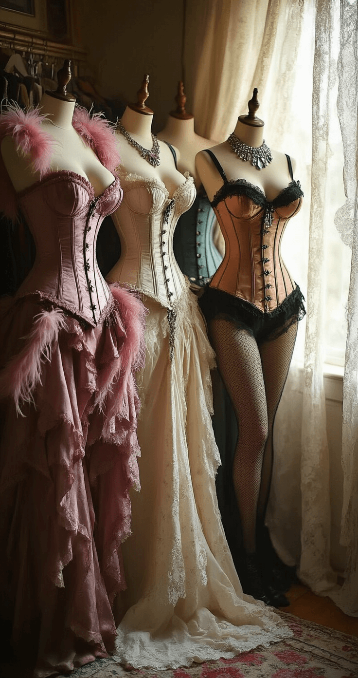 Intimate wardrobe styling scene featuring a curated collection of burlesque costumes, including colorful corsets on vintage mannequins, surrounded by feather boas, rhinestone headpieces, and fishnet stockings, illuminated by soft natural light filtering through lace curtains.