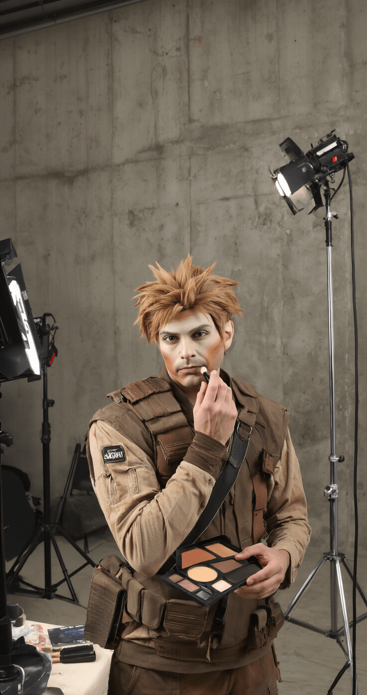 A male cosplayer applies foundation and contour in a modern loft with concrete walls, surrounded by professional lighting, showcasing muted earth tones and subtle makeup techniques for a naturally defined character look.