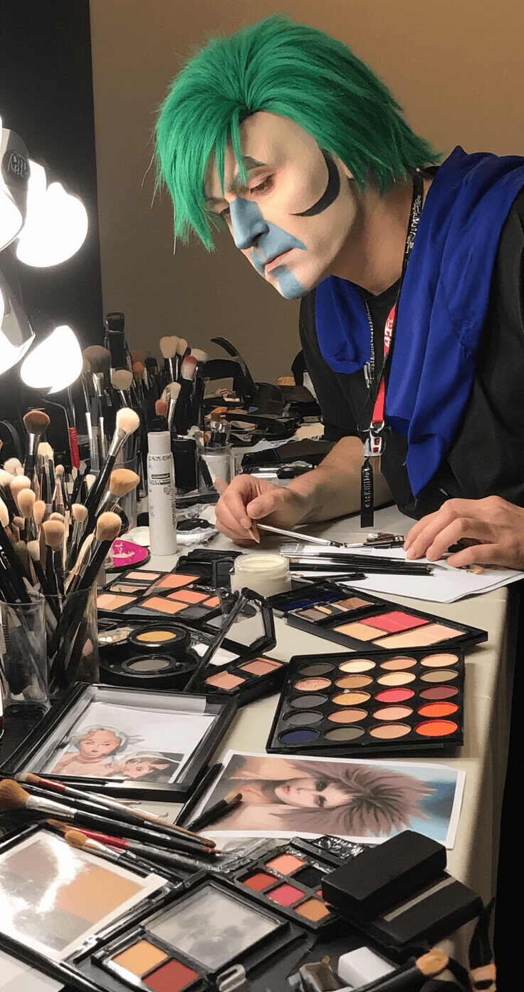 A cosplayer intensely focuses on applying makeup at a cluttered station filled with brushes, eyeshadow palettes, and character reference images, illuminated by harsh fluorescent lighting, showcasing the detailed process of male cosplay transformation.