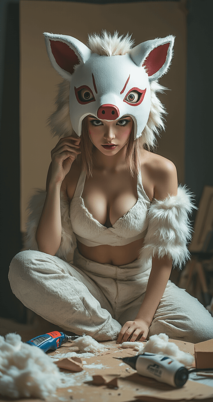 A female cosplayer mid-transformation into Inosuke, wearing a partially constructed boar head mask and poofy pants, surrounded by crafting materials like EVA foam and faux fur, with a hot glue gun nearby. The scene is bathed in soft diffused lighting that casts dramatic shadows, highlighting the detailed textures of the foam and fabric, while her natural makeup radiates intense cosplay preparation energy.