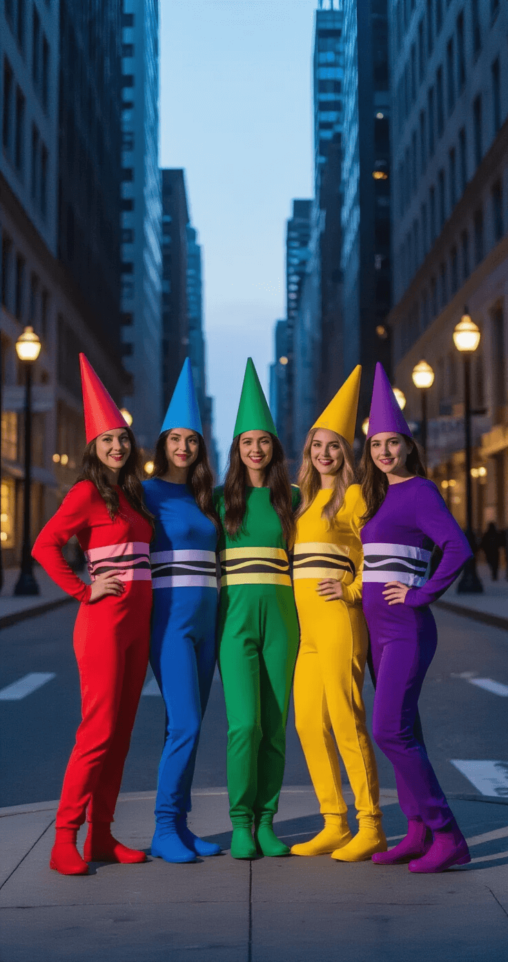 Five friends dressed as colorful Crayola crayons in bright red, royal blue, emerald green, sunshine yellow, and deep purple, wearing cone-shaped paper hats, pose dynamically on a modern city street corner during early evening, with soft street lamp lighting casting dramatic shadows against a backdrop of sleek architecture.
