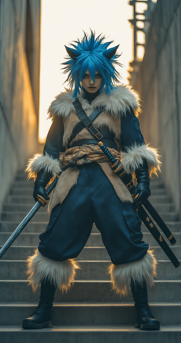 Cosplayer in full Inosuke costume stands on an urban concrete staircase, wearing a detailed boar head mask and holding prop swords in an aggressive stance, with dynamic golden hour lighting creating dramatic shadows and highlighting their wild blue wig.