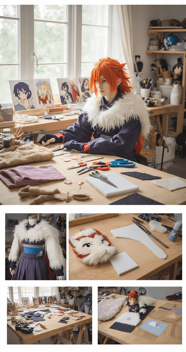 A well-organized cosplay workshop featuring a wooden crafting table cluttered with scissors, fabric, fur swatches, and foam sheets. Natural light pours in from a window, highlighting the detailed process of constructing Inosuke costume pieces, each in varying stages of completion, with reference anime images nearby.
