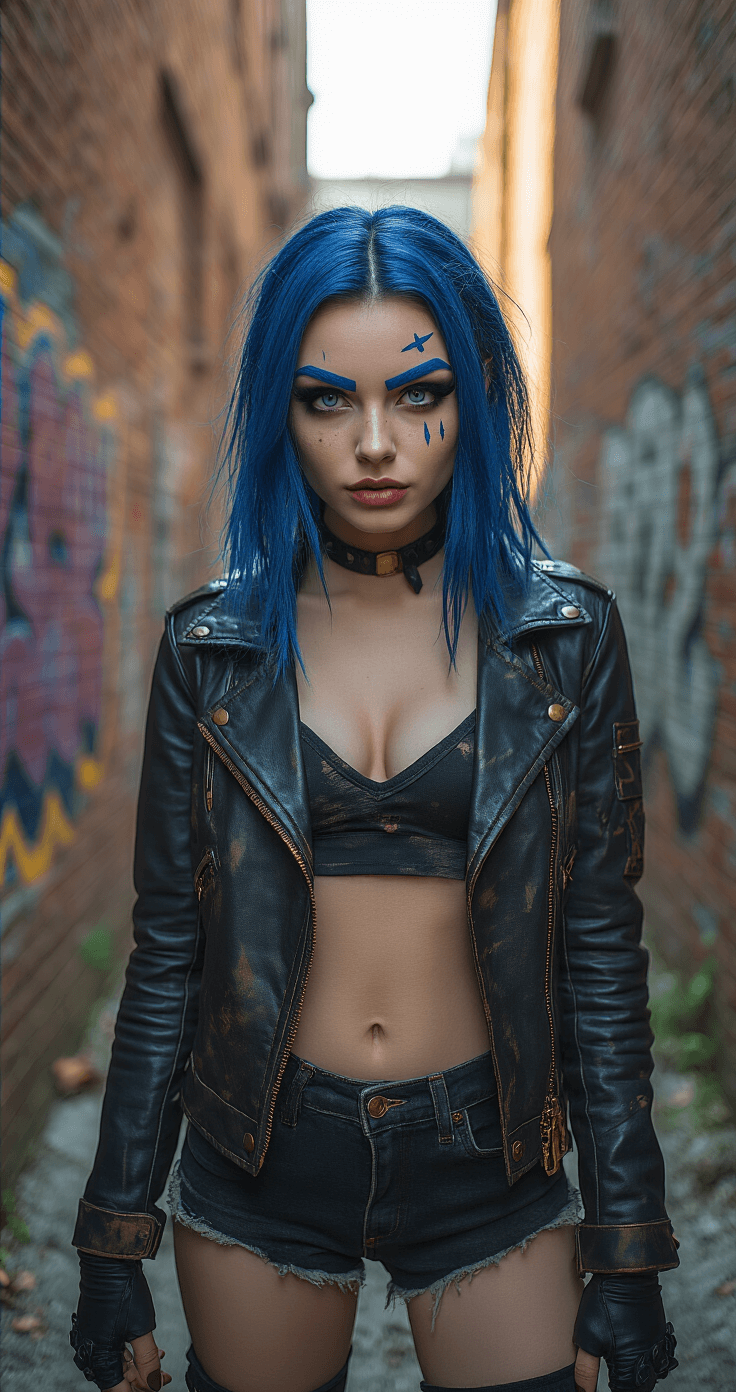 A young woman cosplaying as Jinx from Arcane stands in an industrial alleyway, illuminated by golden hour sunlight. She wears a distressed leather jacket and has striking blue eyebrows with dramatic makeup, including winged eyeliner and plum-toned eyeshadow, against graffiti-covered brick walls. The close-up shot captures her vivid expression and makeup details with cinematic color grading.