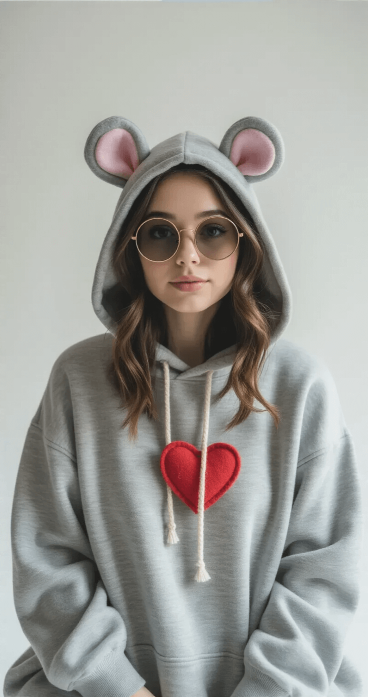 A young woman in a gray hoodie with felt ears and oversized sunglasses poses playfully in a minimalist white studio, embodying a nostalgic 90s-inspired Beanie Babies costume, with vintage props subtly arranged in the background.