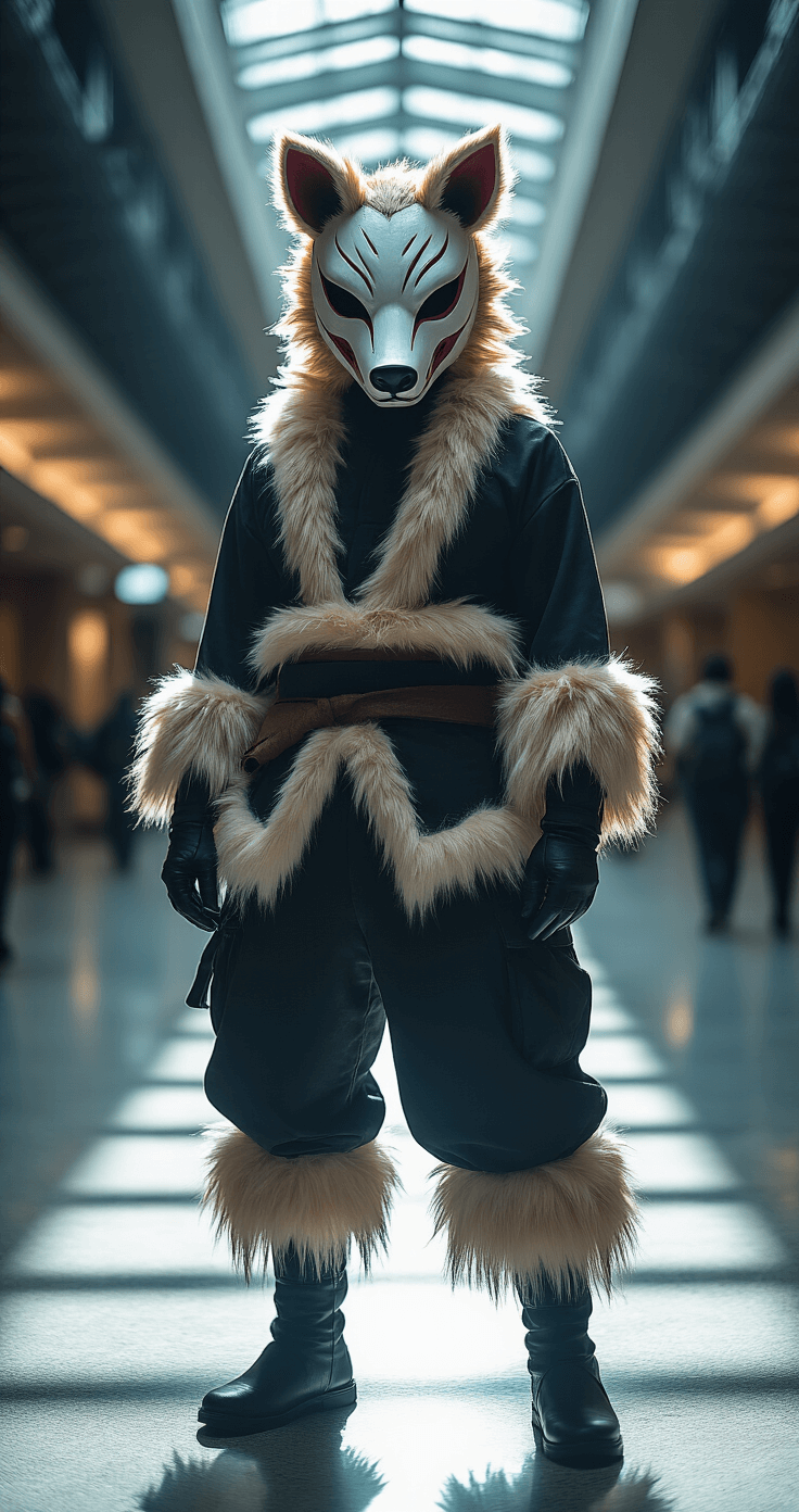 Inosuke cosplayer poses dramatically in a convention hallway, showcasing a detailed boar head mask with realistic fur, poofy pants with fur trim, illuminated by intense overhead lighting that casts dramatic shadows, with a gritty urban convention center backdrop.