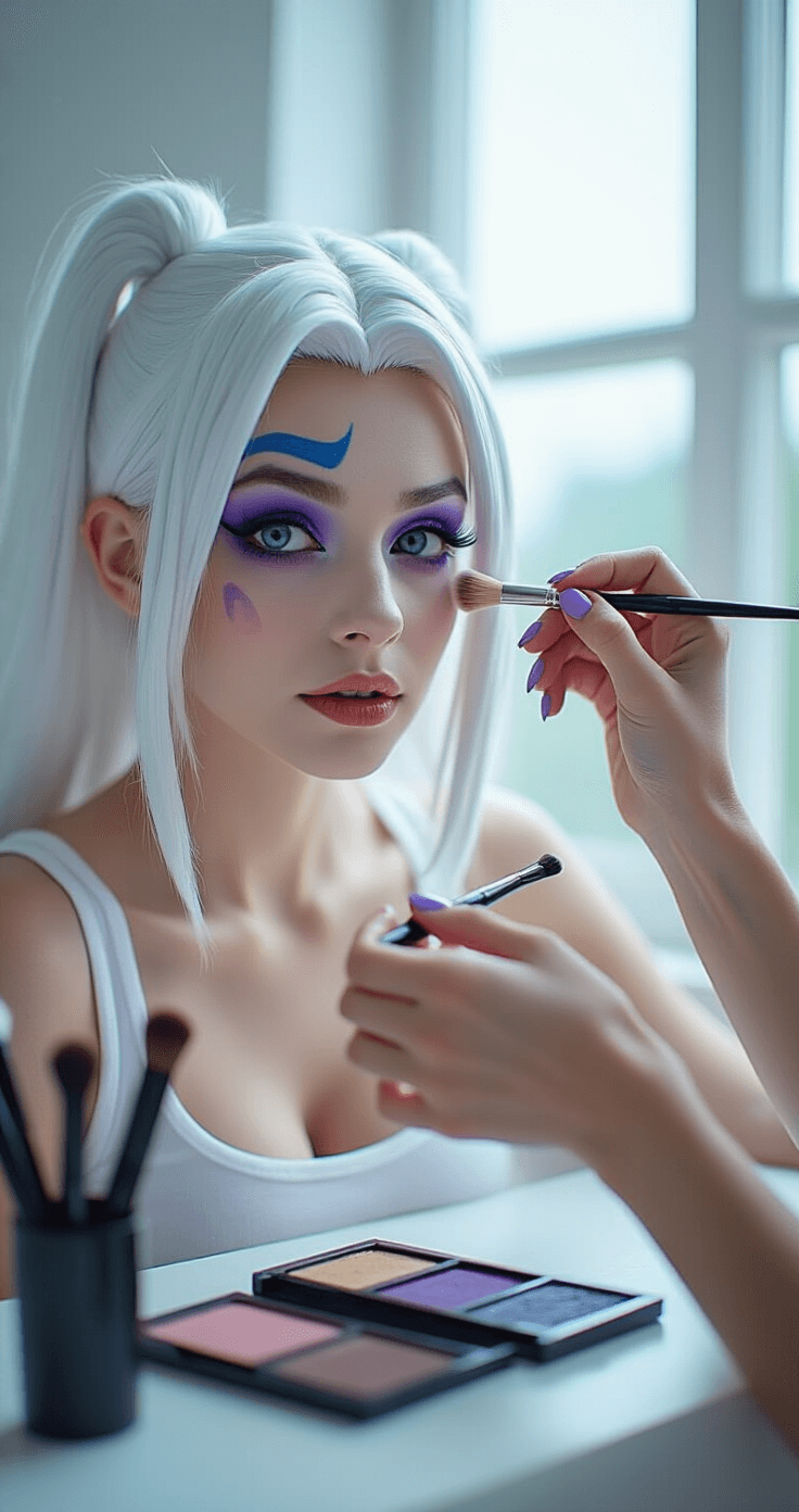 Close-up of a Jinx cosplay makeup transformation, featuring hands applying blue eyebrows, purple eyeshadow, and dramatic wing eyeliner at a minimalist white vanity, with soft natural lighting and makeup products artfully arranged.